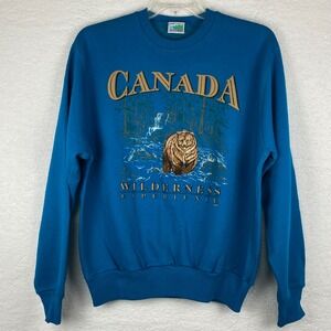 Waves Men's M Canada Wilderness Experience Grizzly Bear Teal Graphic Sweatshirt